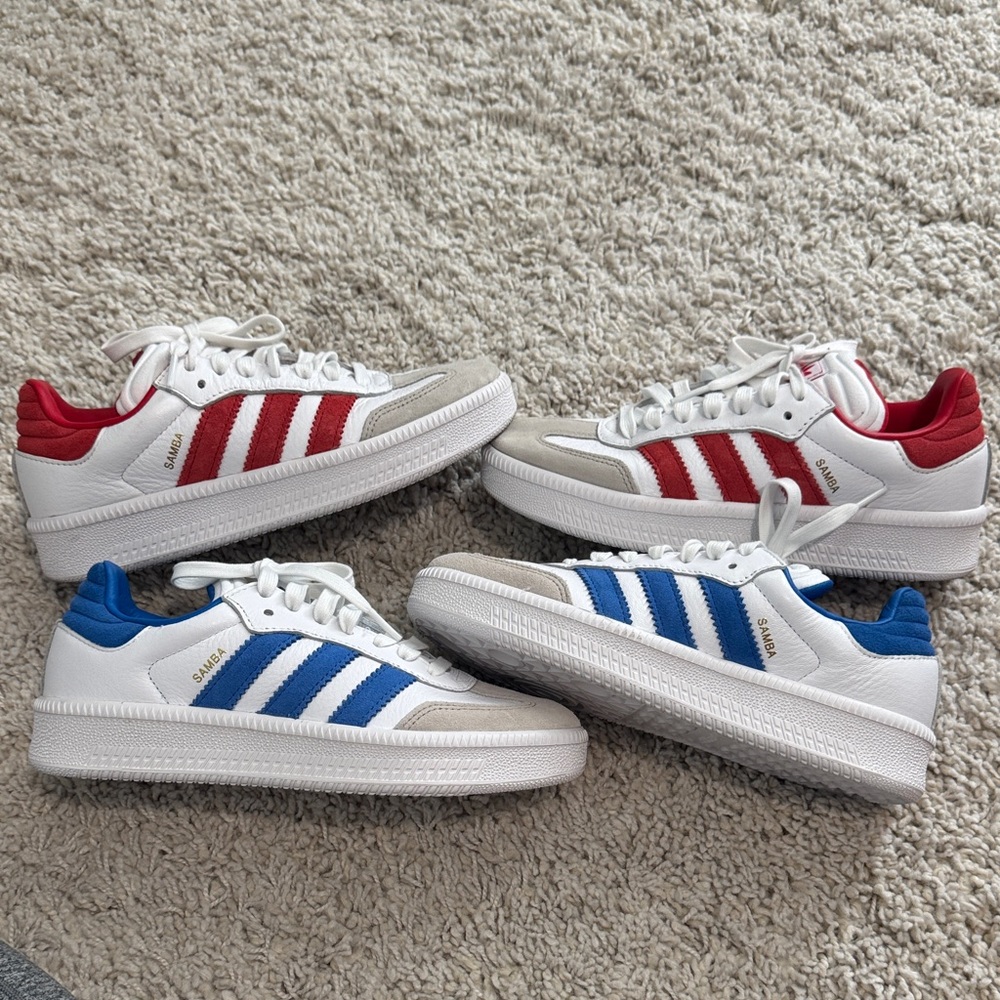 Adidas Samba Men’s Sneakers - White with Red and Blue Stripes. Lot of 2 pairs